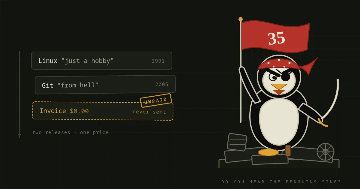 Two releases nobody charged for, Linux in 1991 and Git in 2005, above an invoice for zero dollars that was never sent, beside an angry pirate penguin on a barricade waving a red flag that reads 35