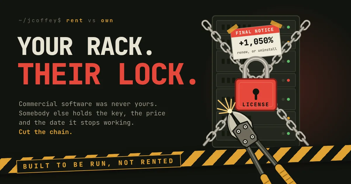 Your rack, their lock: a server rack chained shut with a red padlock marked license and a final notice for a 1,050 percent renewal, while bolt cutters snap the chain above hazard tape that reads built to be run, not rented